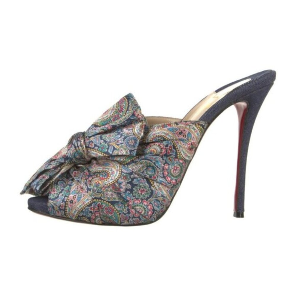 Christian Louboutin Multicolor Paisley Bow Mule with Navy Heel
